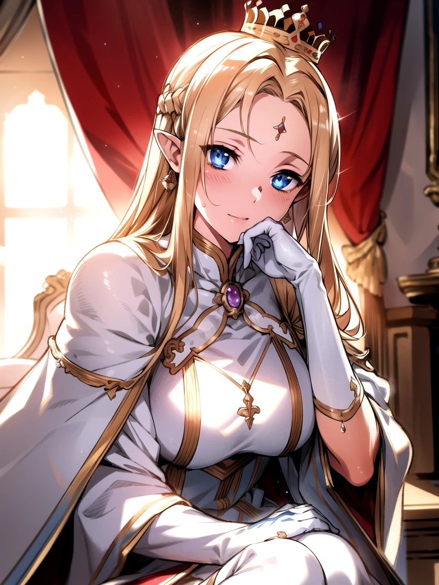 curtain, Sitting on the throne, Crown, Painting (object), window, still life, stage, indoor, Portraiture (object), Chair, White Dress,Cape, chestの谷間, Earrings, Fairy,jewelry, Long pointy ears, blonde,blue eye,bangs,Circlet,Single Blade, 1 girl, 20-year-old,young woman,beautiful Finger,beautiful long legs,beautiful body,beautiful Nose,beautiful character design, perfect eye, perfect face,expressive eye,Perfect balance, View your audience,(Focus on her face),Mouth closed, (Innocent_big_eye:1.0),Light_笑face, Official Art,Very detailed CG ユニティ 8k 壁紙, Perfect lighting,colorful, bright_front_face_Lighting,Glowing Skin, (masterpiece:1.0),(Highest_quality:1.0), 超High resolution,4K,Very detailed, photograph, 8k, High resolution, High resolution, Absurd:1.2, Kodak Port 400, Film Grain, Blurred Background, Bokeh:1.2, Lens flare, (Vibrant_color:1.2),プロのphotograph, (beautiful,Huge_chest:1.4), (beautiful_face:1.5),(narrow_Waist),白いKnee-high socks、Estrus、vapor、Sweat、Wet、口を開けてDrooling、Drooling、sexy、sexy、garter belt,Knee-high socks,Long gloves