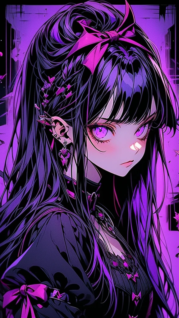 Anime girl with long purple hair and a black dress with ribbon, Gap Moe Yandere Grimdark, Gothic Maiden Anime Girl, portrait Gap Moe Yandere Grimdark, Tear from Overlord, Anime Moe Art Style, Devil Anime Girl, Bloodstained, anime style like fate/Stay Night, 1 7 year old anime goth girl