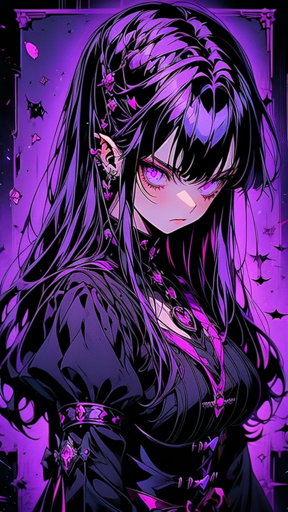 Anime girl with long purple hair and a black dress with ribbon, Gap Moe Yandere Grimdark, Gothic Maiden Anime Girl, portrait Gap Moe Yandere Grimdark, Tear from Overlord, Anime Moe Art Style, Devil Anime Girl, Bloodstained, anime style like fate/Stay Night, 1 7 year old anime goth girl