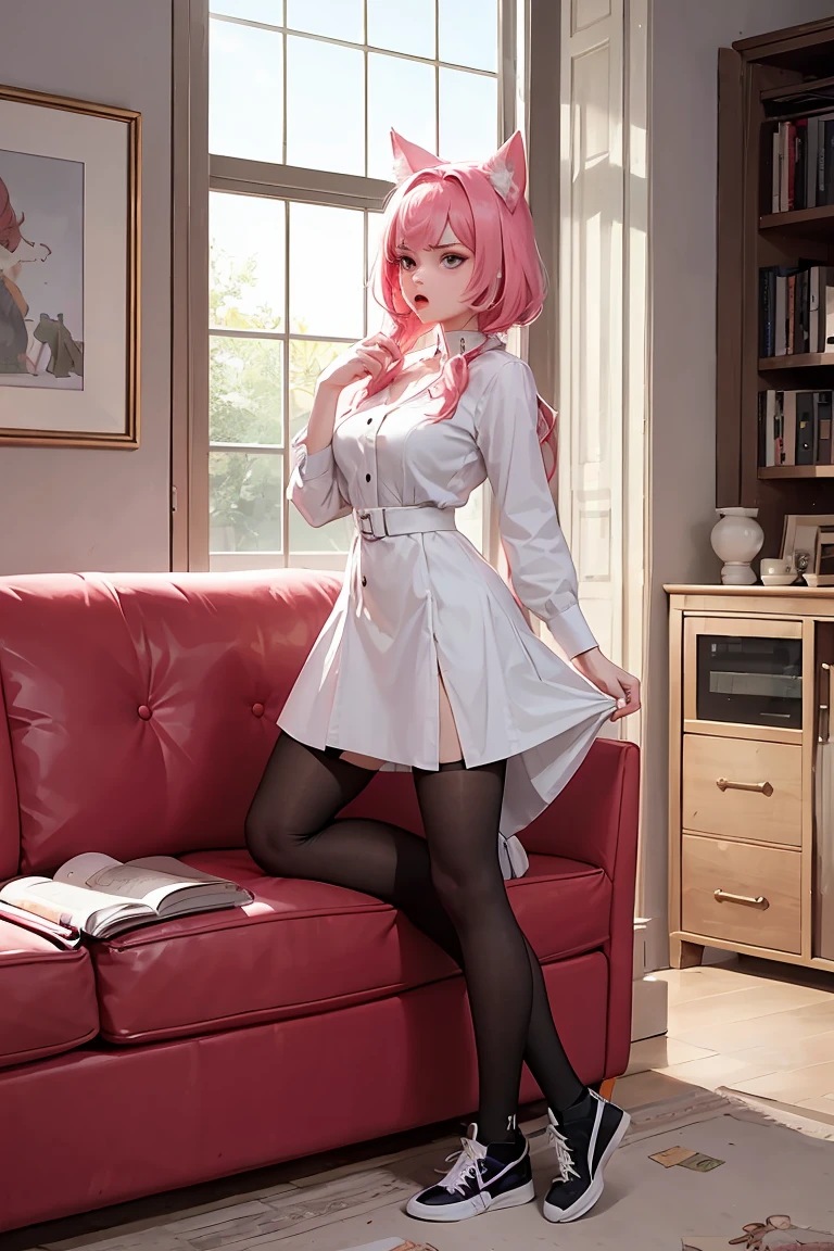 (score_9,score_8_up,score_7_up,score_6_up,score_5_up,score_4_up),(masterpiece, top quality, best quality, official art, beautiful and aesthetic:1.2), animation,, , 1girl with cat ear, perfect figure, pink hair, complicated details, animation style, secondary style, living room, angry pouting, white dress, pink hair, black stockings tights ,