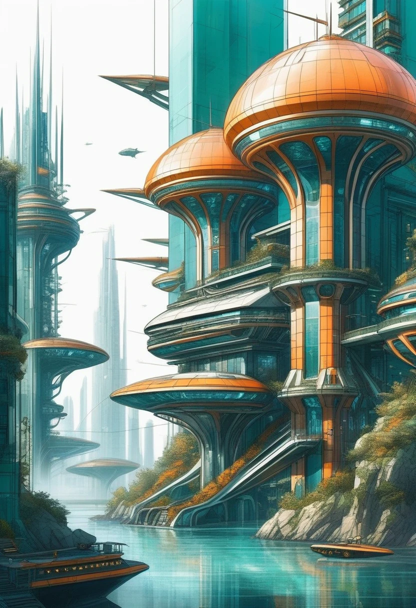 n Architectural sketch of a futuristic building，A style where the metropolis meets nature，Steampunk style design，Dark teal and light orange，Hyperrealistic sea creatures，Precisionist lines，Elaborate spacecraft，constructivist --v 5 --s 500 --chaos 10 --ar 9：16