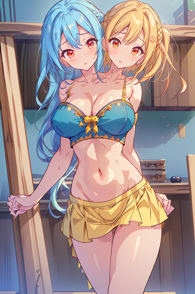 (masterpiece, best quality),best quality, best resolution, (ultra-detailed), ((3heads:1.5)), 1girl, (keiki haniyasushin:1.3), masterpiece, best quality, ultra quality, ultra resolution, yellow top, crop top, ((stomach)), midriff, ((groin)), yellow skirt, miniskirt, normal ears, shackles, sky blue hair, (same hair color), very long hair, wavy hair, sidelocks, red eyes, parted lips, sweat, cute, toned belly, hand on own chest, eyelashes, (24 year old woman:1.3), (masterpiece:1.5), (best quality:1.5), (beautiful detailed), extremely detailed CG, extremely delicate and beautiful, depth of field, (finely detailed face), (perfect details:1.2), ( female:1.3), wide pelvis, slender, large veiny breastresolution, highres, high quality, high definition, extremely detailed, masterpiece, sky blue hair, long hair, alluring presence, twin braid, short skirt, close up, very big tits, hu young, green herchief, haniwa, kofun period clothing, three headed girl, 3heads,
