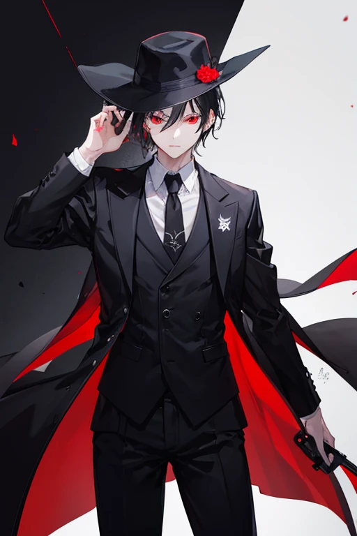 A man with a cool hat and in a long coat and has a gun on him since he is an assassin. Best quality, really short black hair with red eyes. Also wearing an all black suit and shows no emotions