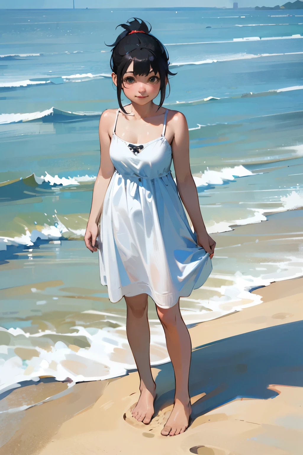 (high quality, High resolution, Very detailed, reality:1.37), Peaceful atmosphere, (Sandy Beach), Teenage girl standing alone, (my breasts are big.), Beautiful details, Cute Smile, (Black hair ponytail), White camisole dress, barefoot.