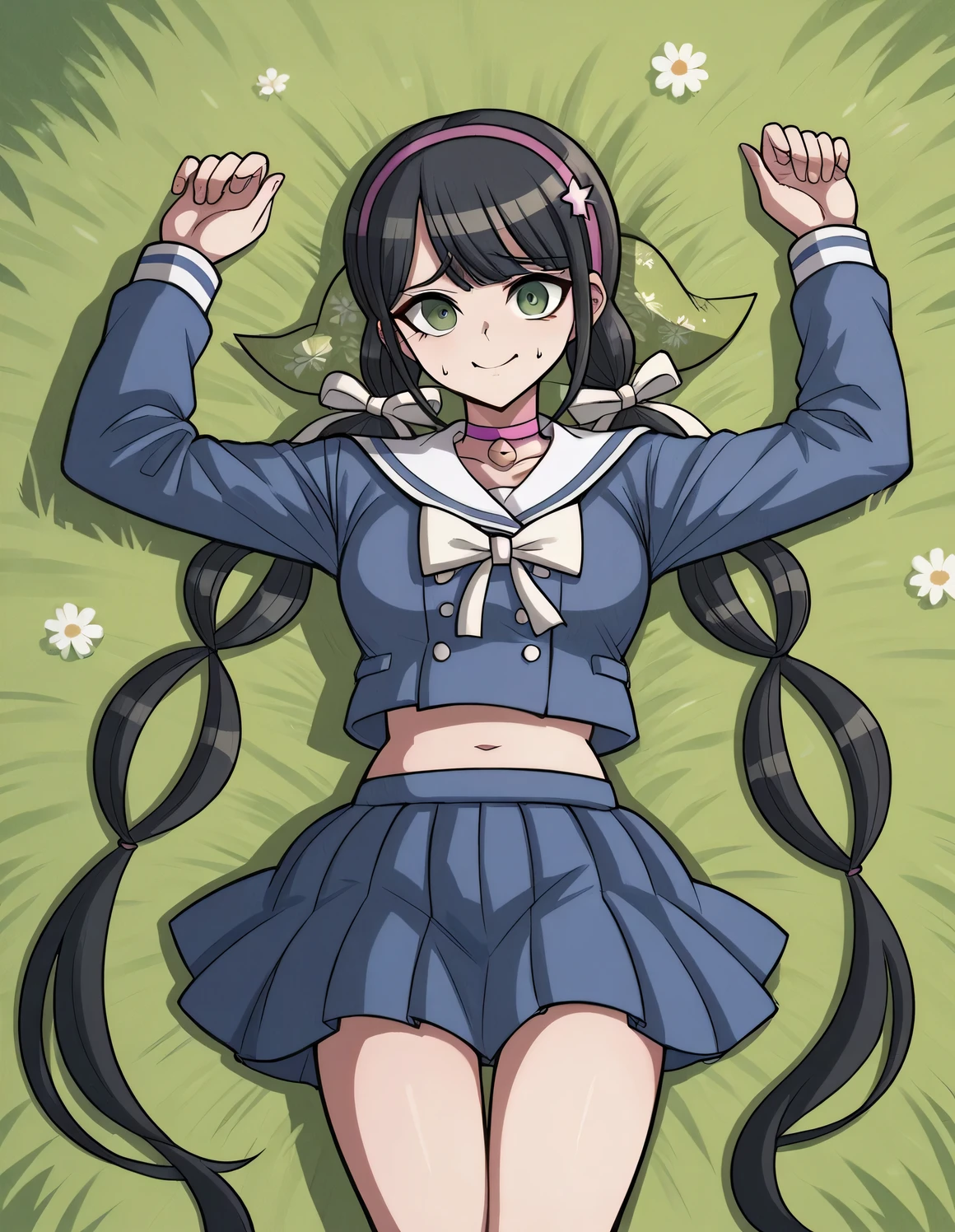 chabashira tenko, black hair, low twintails, long twintails, green eyes, hair bow, green bow, pink hairband, tall,
school uniform, blue shirt, serafuku, bowtie, long sleeves, midriff, blue skirt,
pink choker, neck bell, solo, 1girl, high quality, solo, lying, on back, arms up, spread arms, closed mouth, on grass, looking at viewer, nervous, smile, best quality, cowboy shot, full-body shot, best quality