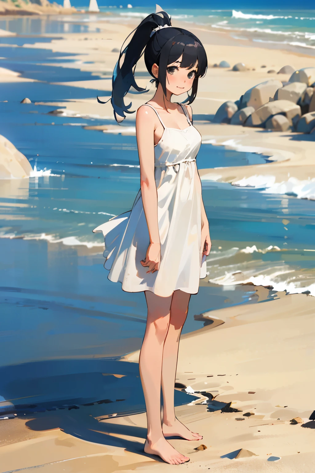(high quality, High resolution, Very detailed, reality:1.37), Peaceful atmosphere, (Sandy Beach), Teenage girl standing alone, (my breasts are big.), Beautiful details, Cute Smile, (Black hair ponytail), White camisole dress, barefoot.