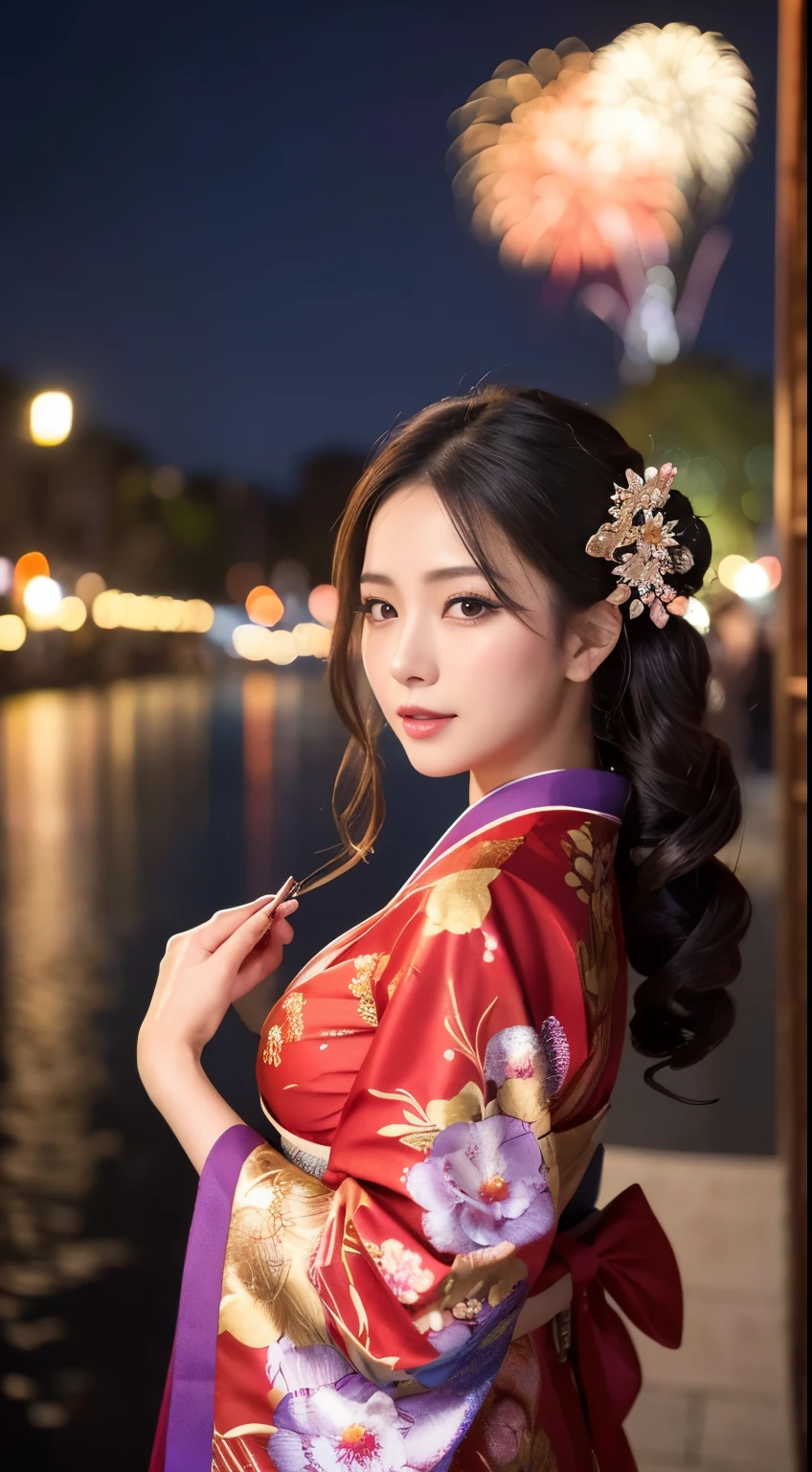 ((masterpiece(:1.4),Highest quality,Ultra-high resolution,Highest quality,8k,Extremely detailed,In detail))。night,Fireworks display,Japanese,A beautiful woman,Big Breasts,Flashy gal makeup,Oiran,Long-sleeved kimono,Hair tying,hairpin,hair ornaments,geta,Gorgeous and luxurious,(Fireworks displayのnightに河川敷で花火を背景にしたスナップ写真),Accentuate your breasts,Open one's kimono up to the shoulders,