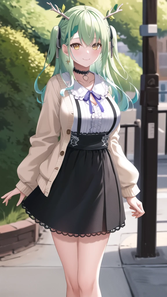 masterpiece, best quality, highres, hmcf, long hair, antlers, branch, two side up, hair ribbon, braid, yellow eyes, large breasts, jewelry, black choker, frills, white shirt, long sleeves, white cardigan, open cardigan, suspender skirt, black skirt, white socks, cowboy shot, standing, street, smile