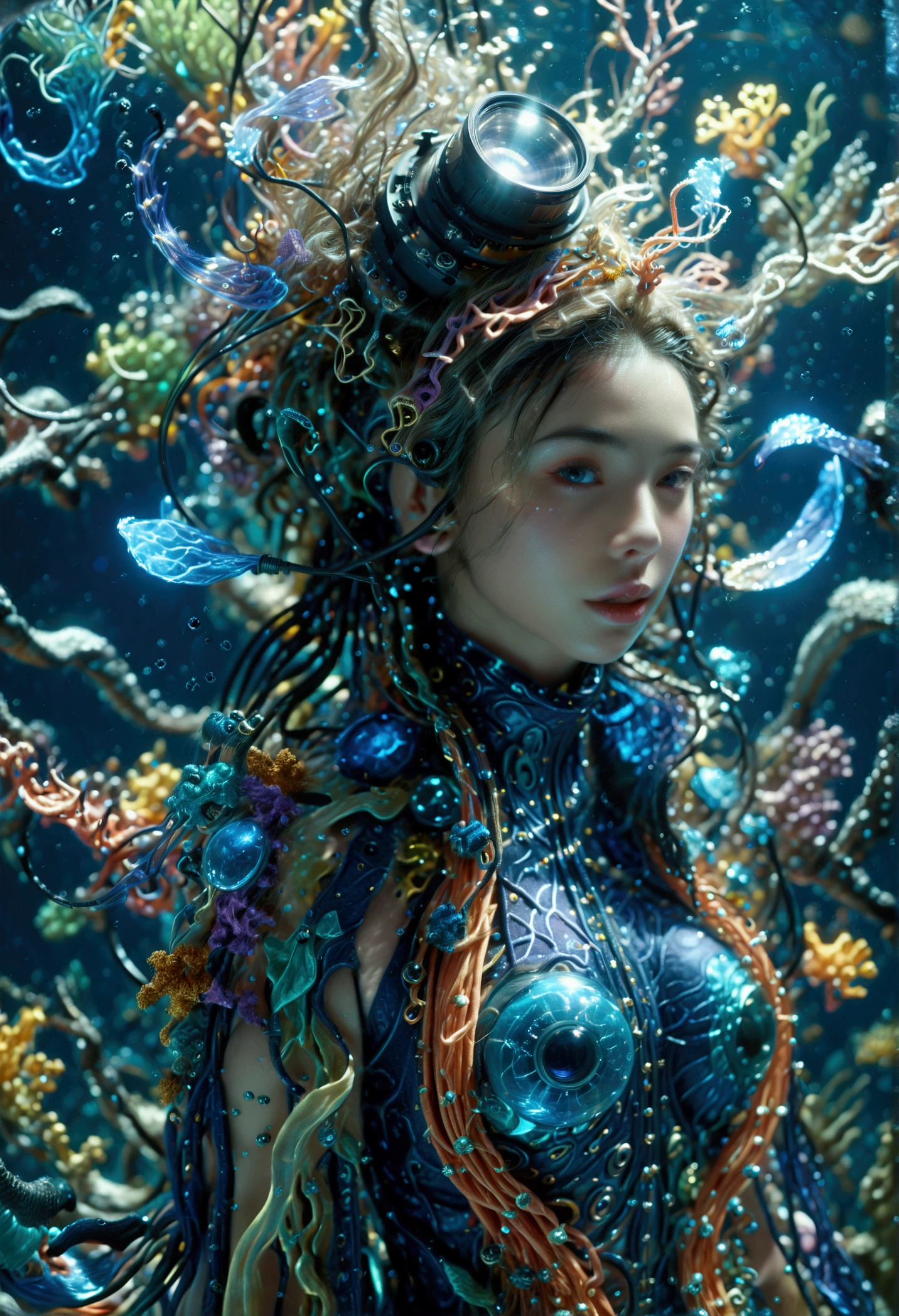 (best quality, Ridiculous, high resolution, extremist detailed, Dynamic angle:1.2), 1girl, mage, Hydromancer, (rich and colorful:1.3), Gorgeous diving jumpsuit, Lama diving helmet, glowing cybernetics, Robe woven with celestial patterns, (cast a spell, occult knowledge, Empower allies, Elemental Water Magic:1.5), Elegant and glowing runes, (underwater:1.2), marine plants, bioluminescence, futuristic, science fiction, (intricate details, hyperdetailed:1.15), (extremisthigh resolution textures), (Volumetric, Dark blue) light, (Full body shot:2.0), (Wide-angle lens:2.0), Bokeh, cinematic, Caustics, depth of field, masterpiece, 8k, award winning, anatomically correct, textured skin, high details