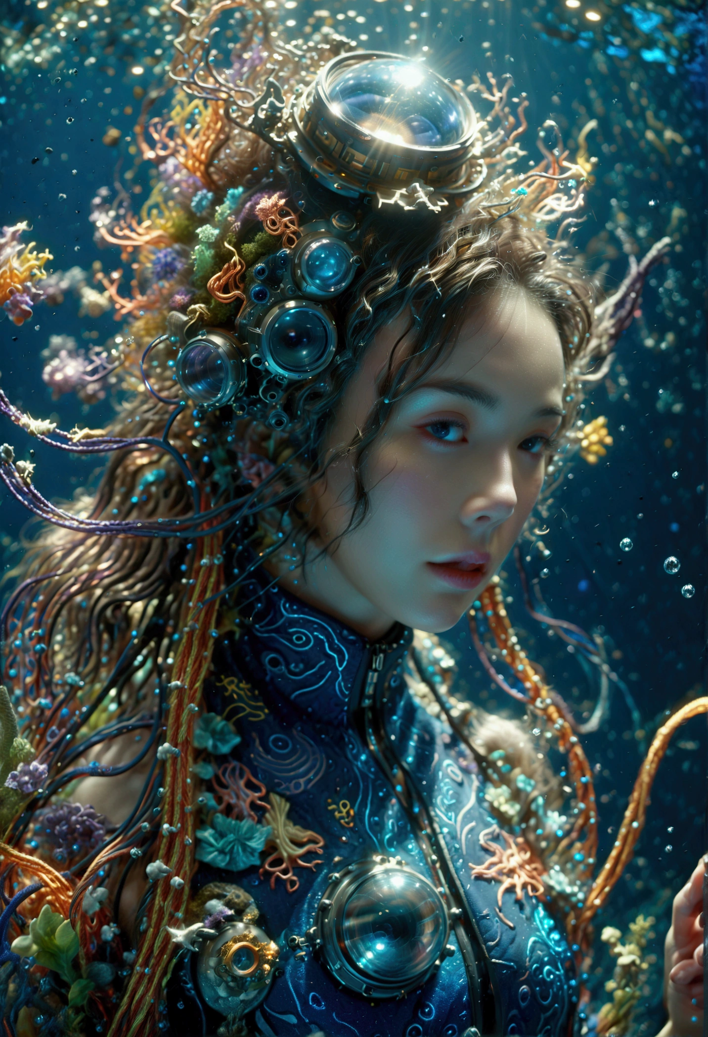(best quality, Ridiculous, high resolution, extremist detailed, Dynamic angle:1.2), 1girl, mage, Hydromancer, (rich and colorful:1.3), Gorgeous diving jumpsuit, Lama diving helmet, glowing cybernetics, Robe woven with celestial patterns, (cast a spell, occult knowledge, Empower allies, Elemental Water Magic:1.5), Elegant and glowing runes, (underwater:1.2), marine plants, bioluminescence, futuristic, science fiction, (intricate details, hyperdetailed:1.15), (extremisthigh resolution textures), (Volumetric, Dark blue) light, (Full body shot:2.0), (Wide-angle lens:2.0), Bokeh, cinematic, Caustics, depth of field, masterpiece, 8k, award winning, anatomically correct, textured skin, high details