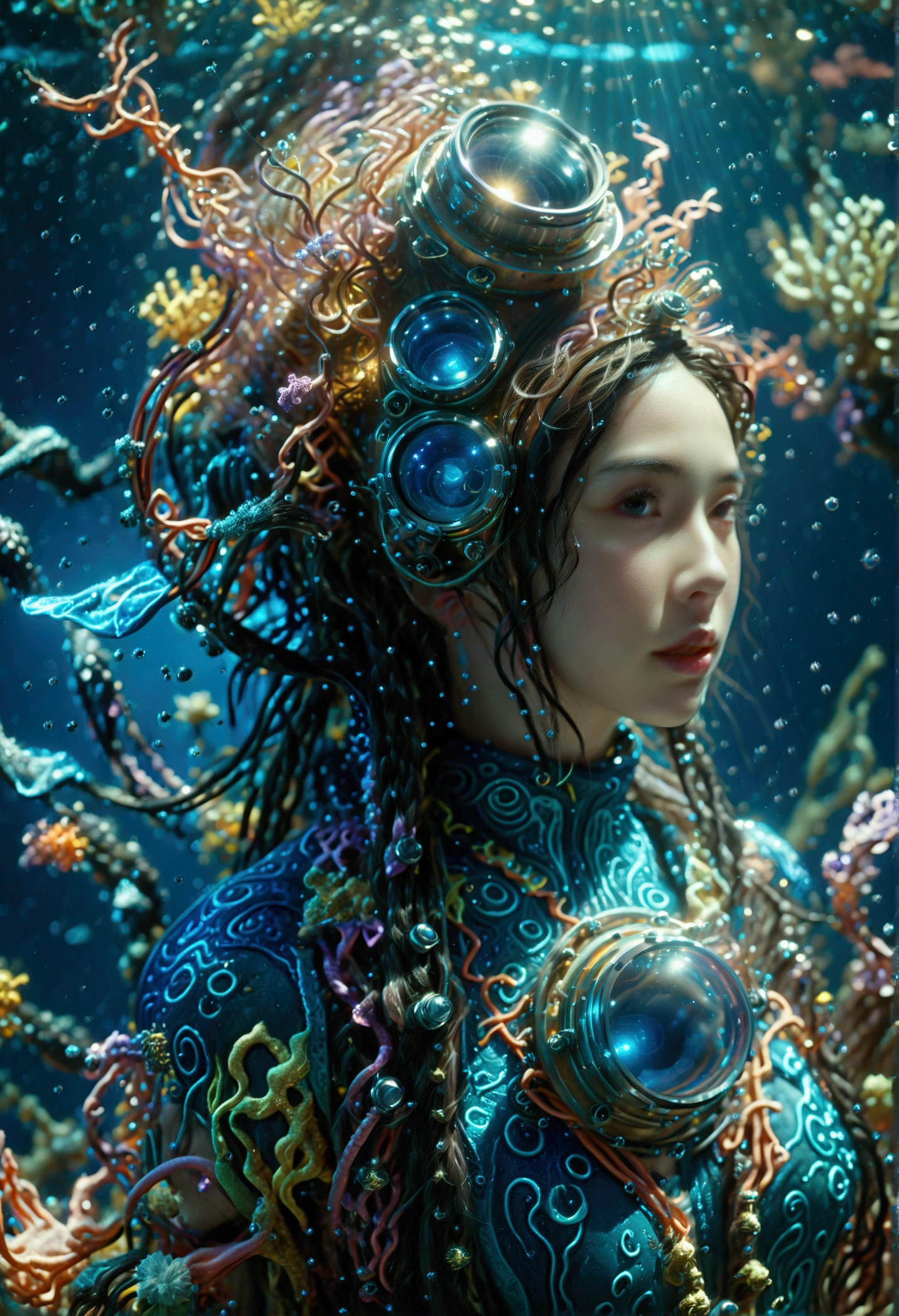 (best quality, Ridiculous, high resolution, extremist detailed, Dynamic angle:1.2), 1girl, mage, Hydromancer, (rich and colorful:1.3), Gorgeous diving jumpsuit, Lama diving helmet, glowing cybernetics, Robe woven with celestial patterns, (cast a spell, occult knowledge, Empower allies, Elemental Water Magic:1.5), Elegant and glowing runes, (underwater:1.2), marine plants, bioluminescence, futuristic, science fiction, (intricate details, hyperdetailed:1.15), (extremisthigh resolution textures), (Volumetric, Dark blue) light, (Full body shot:2.0), (Wide-angle lens:2.0), Bokeh, cinematic, Caustics, depth of field, masterpiece, 8k, award winning, anatomically correct, textured skin, high details