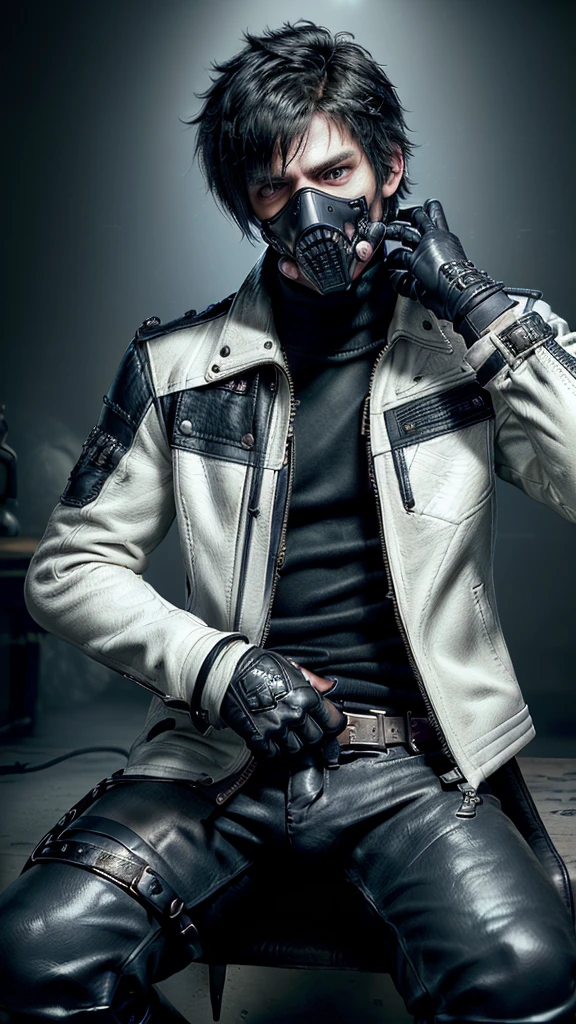 ((Final fantasy taste and reality graphics)), ((Japanese young cute and cool ikemen  boy)), ((his age is early 20s)),
((boy id thin eyebrows and beady eyes)),  
((he wearing white color leather thick and heavy material jacket)), 
((jacket design is single-brest)), , 
((jacket is large size)),
((with epaulet)), 
((Leather jacket is long sleeve)), 
((jacket is zipping up, front of the leather jacket)), , 
((voluminous leather jacket)), ,
((jacket length is high)), 
((Leather jacket collar is stand-up)) 
((jacket collar with two belts)), 
((jacket is a little black color line patterns)), 
((Boy also wearing black thick material turtleneck lackluster shirts)), 
((Wearing tight black color leather pants)),  
((put black leather tight and thin glove on both hands)), 
((black leather glove is full finger)),
((black leather knee-high raceup boots)),
((must views  head-to-toe)),
((must views whole body)), ,
((Do not show skin from the neck down)),
((leather jacket leather glove and leather pants have few wrinkles)),
(( Avoid showing your innerwear,zip up jacket fastner.))
((must put on a leather glove)).
((Boy is black hair)).
((boy looks like fashion model.))
((Boy in the dim room)).
((Jacket color is off white))
((Boy put on black gasmask at nose and mouth area))