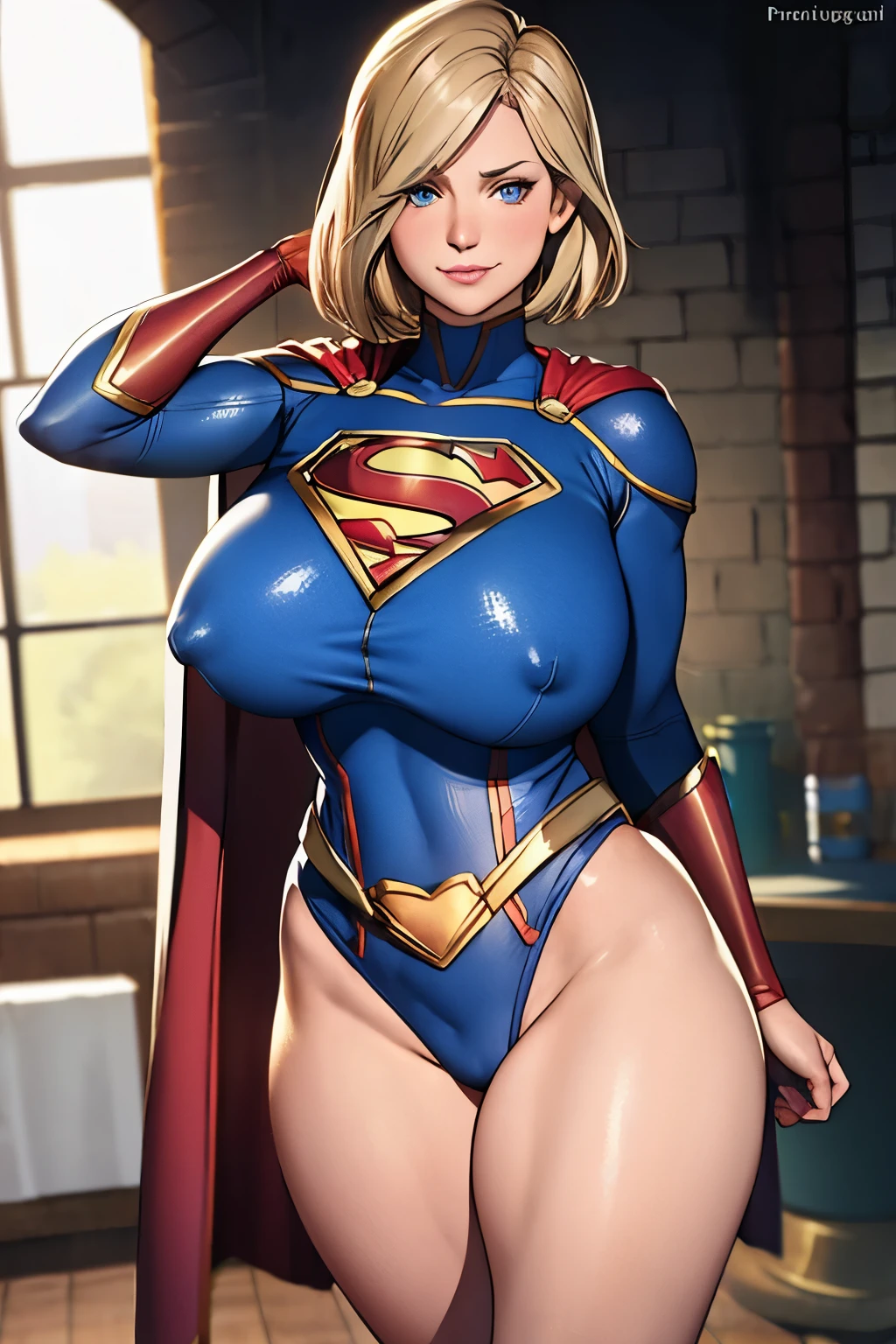 nfsw ,masterpiece,Supergirl (Injustice) ,SuperGirl (Injustice) tight uniform ,best quality,cape ,cleavage cutout, long sleeves, gigantic breasts,muscle,in dungeon, looking at viewer, cowboy shot,golden hair,Short Hair, seductive smile, curvy, blue eyes,a female tyrant with a penchant for torture,fog,drenched in sweat,pink cheeks,shiny suit,Bare shoulder,tight suit down to every detail (nipples,...),her hand was stroking her cock



