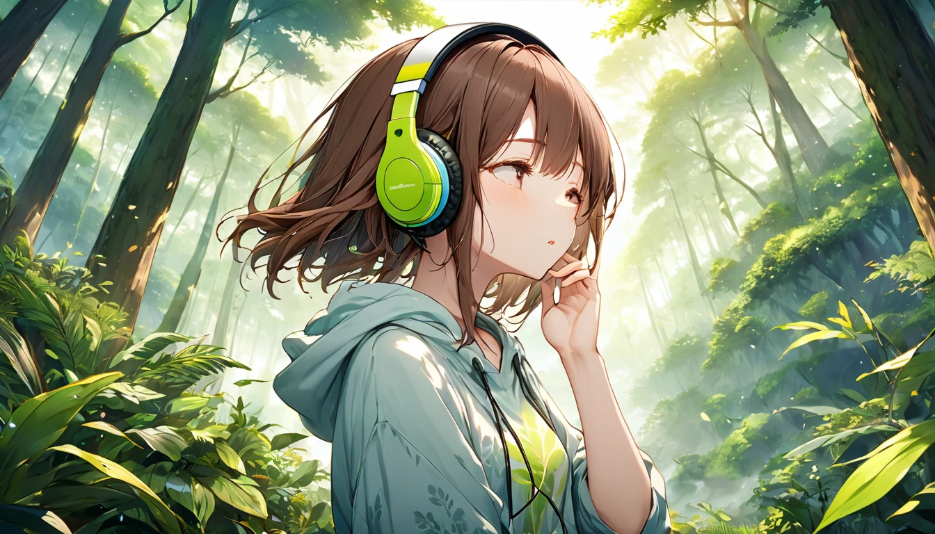 Brown-haired girl wearing headphones、Breath of Nature - Highly detailed、masterpiece, Highest quality, Bright - with lush forest background、Calm expression、Casual clothing、wood々Taking a deep breath surrounded by
(Detailed fingers), (Emotional), (Breathtakingly beautiful), (main part:1.2 Whole body), (Anime Style), (Very detailed), (超High resolution, High resolution), (8k), (Complex and beautiful: 1.2)
