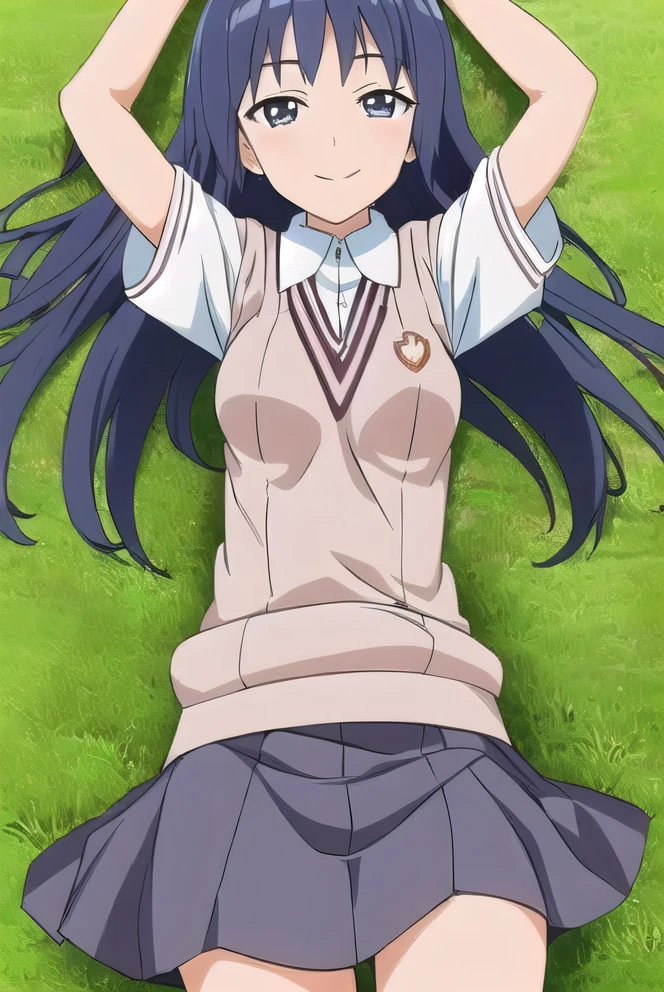 awatsuki maaya, source anime, blue hair, long hair, chopped short bangs, blue eyes, medium breasts, tokiwadai school uniform, white short sleeve shirt, light yellow sweater vest, grey pleated miniskirt, white socks, shoes, solo, 1girl, high quality, solo, lying, on back, arms up, spread arms, closed mouth, on grass, looking at viewer, nervous, smile, best quality, cowboy shot, best quality,