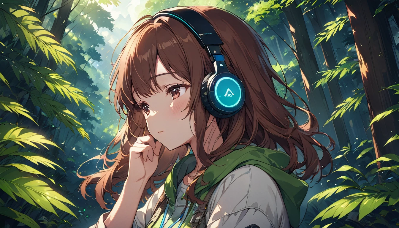 Brown-haired girl wearing headphones、Breath of Nature - Highly detailed、masterpiece, Highest quality, Bright - with lush forest background、Calm expression、Casual clothing、wood々Taking a deep breath surrounded by
(Detailed fingers), (Emotional), (Breathtakingly beautiful), (main part:1.2 Whole body), (Anime Style), (Very detailed), (超High resolution, High resolution), (8k), (Complex and beautiful: 1.2)
