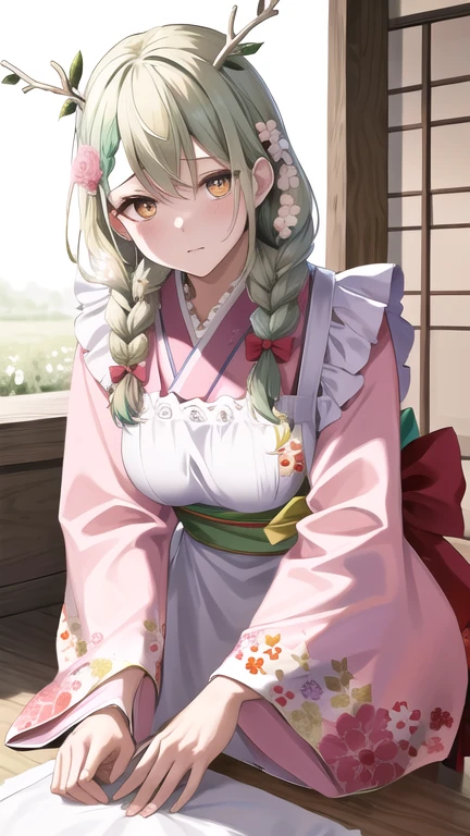 masterpiece, best quality, highres, hmcf, long hair, antlers, branch, low twin braids, hair flower, yellow eyes, floral print, japanese clothes, pink kimono, wide sleeves, frilled apron, white apron, bow, sash, obi, pink flower, frown, leaning forward,