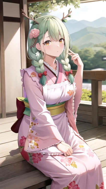 masterpiece, best quality, highres, hmcf, long hair, antlers, branch, low twin braids, hair flower, yellow eyes, floral print, japanese clothes, pink kimono, wide sleeves, frilled apron, white apron, bow, sash, obi, pink flower, frown, leaning forward,