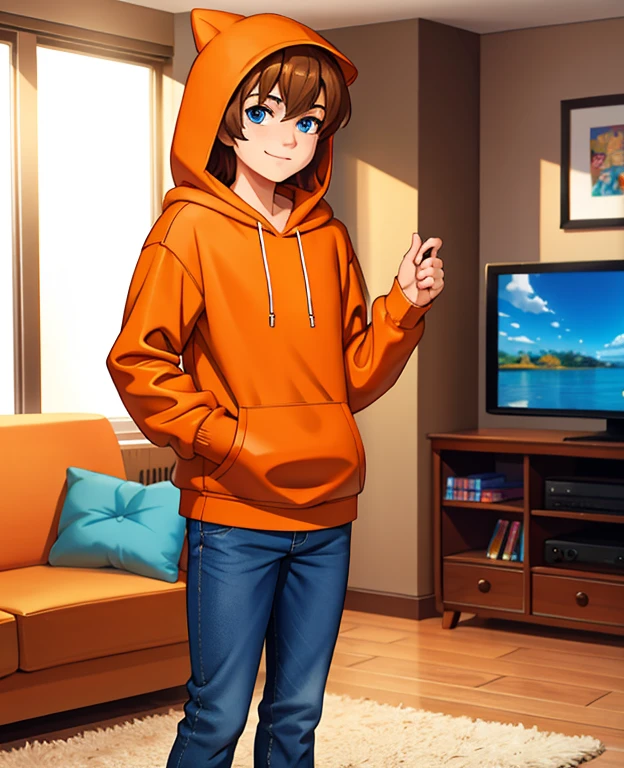 Masterpiece, high resolution, high quality, intricate details, full body portrait, front view, 1boy, solo, ************ boy, teenage male, long brown hair, bangs, blue eyes, looking at viewer, amused expression, arrogant smile, ((Wearing: Orange Hoodie, blue jeans, and sneakers)), standing, holding a Nintendo Switch with both hands, looking at viewer, (Background: Indoors, living room, couch, TV),
