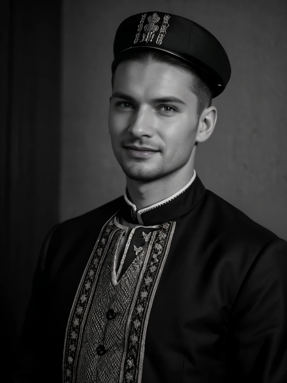 monochrome, Black and White Photography, portrait , Front view, 1941 years, June, WW2, 1 man is Russian man, traditional Russian costumes from the 1930s, cut close hair, smile,