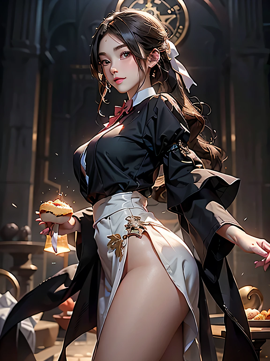 magic circle, 
Super detailed、(Raw photo)、masterpiece、8k、(Highest quality)、(High resolution:1.3)、Ultra-Details、Angle from below、Back view、(Perfect Anatomy:1.3)、One girl、Turn around to look at your audience、Beautiful Eyes、A confident smile、(Super hourglass body type:1.3)、(Super big breasts pointing upwards:1.3)、(Erect nipples)、(Large, raised pink :1.2)、Narrow waist、(Wide super big ass)、Black Hair、bangs、(high school girl eating donuts)、(White school shirt)、Super mini pleated skirt、Uniform bow tie、Socks、loafers、coffee、(Increased transparency)、(Super see-through)、Japanese school classroom、(Donut eating poses and gestures)、Open your legs and stick your buttocks out、holding a donut in hand、Correct fingers、(A magic circle with a large donut in the background)、The next donut appears from the magic circle in his hand.々Come out on