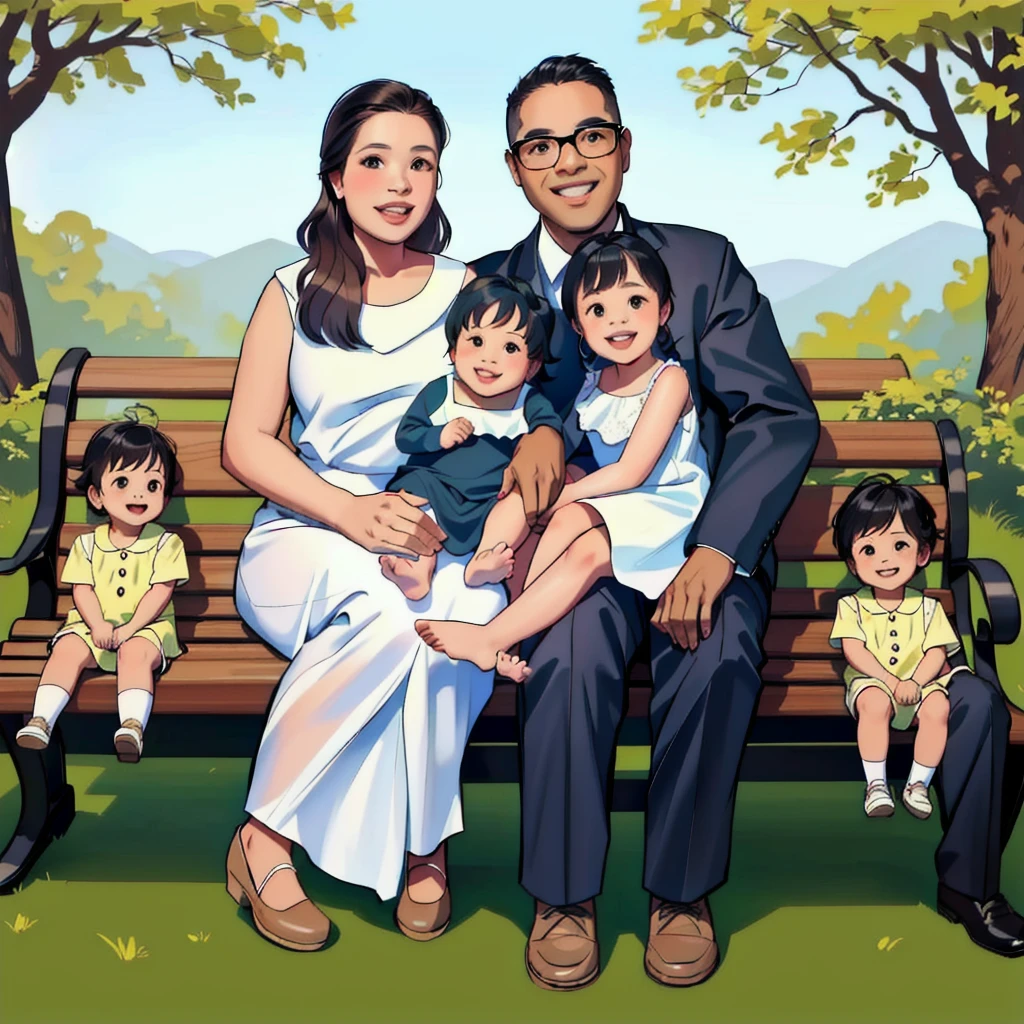 family sitting in a bench, forest background, cute, 4 members, 1baby, 1kid, couple, women wears a cute outfit, smile, man wears glasses and a elegant outfit, black hair, white skin, comic style,