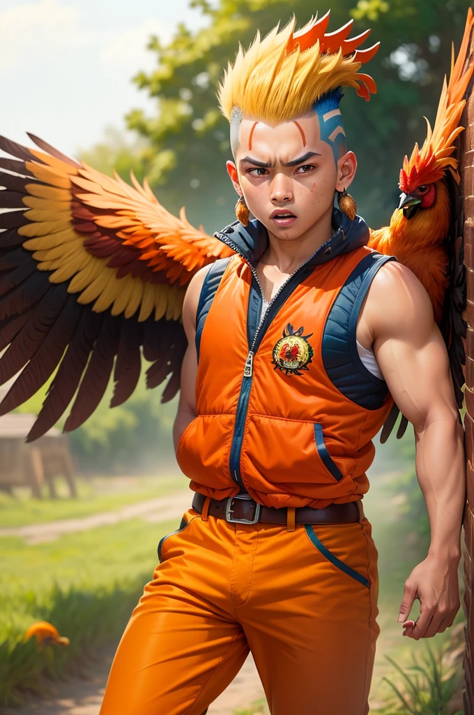 ((best quality)), ((masterpiece)), (detailed), 1boy , native ethnicity, brown/reddish skin tone, rooster's tail, brown and green feathered wings on arms, orange vest, orange pants, red/orange/blonde mohawk, mean expression, dominant stance