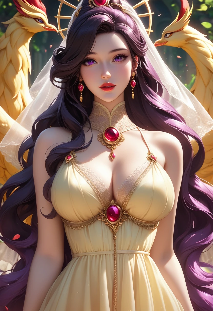 1 20-year-old girl, 1 Goddess Athena, Pink and purple silk dress, The goddess of beauty Athena has no flaws on her face, Beautifully yellow nightgown, Slim sequined nightgown with lots of sexy black lace details, 1 beautiful thin red silk half veil, Legend of the Female Saint, Female saint icon, Beautiful goddess style glitter, Dark Mystery Version, Red lips, Plump red lips, No smile, mouth close, Beautifully and beautiful pino detailing, Beautifully and beautiful lip detail, (Pure and flawless face: 1.9), Female Eucharist, Round chest, Big and round breasts, Phoenix Brooch, #1: Long, Flat Bangs, Black long hair, Flower sticker tattoo on forehead, Beautiful clear face and well-proportioned eyes, (Transparent iridescent lavender eyes: 1.8), (Big round eyes and heavy makeup, Sexy wet eye makeup, Very beautiful and detailed hair makeup, long and Beautifully blonde hair, Beautifully, Body Image: 1.8), number: vivid, (Stars in the sky: 1.7), (The sky of heaven and the imaginary gate of time and space: 1.8), Fictional Art, RAW photos, hanfu photos, Best photos, high resolution, best quality, Best photos, Best goddess quality, 8K female, Super 8 Single Saint Portrait, The most realistic color scheme, masterpiece, Best Beauty Brands, The best hair accessory, Live-action photos of the brand, Dark Studio, Border light, Two-color lighting, (Rose White Skin: 1.4), (High Skin Detail: 1.1), 8K uhd, Digital SLR Camera, Soft Light, 8K, high quality, frank, Smooth and clear volume, 10 times more pixels, Sexy goddess, Sexy goddess, (Background Space: 1.8), (The most beautiful aurora eye: 1.7), beautiful eyes, The Aurora is beautiful and gorgeous, (Beautiful single girl: 1.8), (more details:0.8),