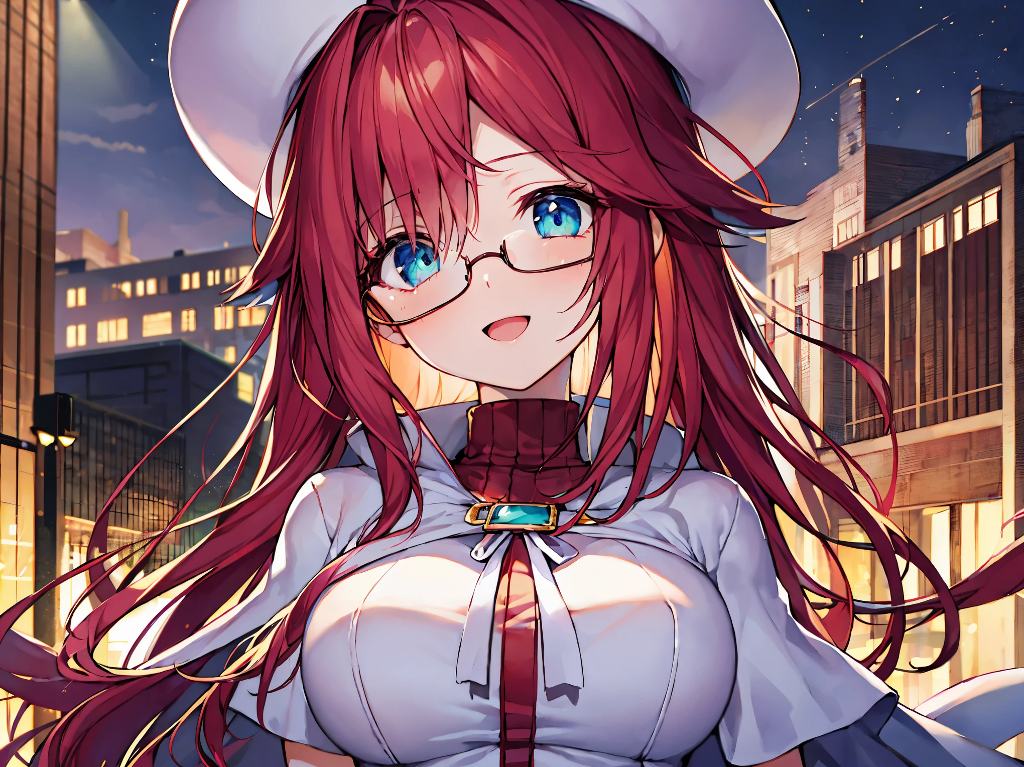 summonnightaty, aty, (young:1.3),long hair, blue eyes, red hair, big_tits, hat, glasses, BREAK long hair,, hat, dress,glasses, cape, sweater, beret,ribbed sweater,,solo, BREAK outdoors, fantasy, BREAK (masterpiece:1.2), best quality, high resolution, unity 8k wallpaper, (illustration:0.8), (beautiful detailed eyes:1.6), extremely detailed face, perfect lighting, extremely detailed CG, perfect anatomy),covered_nipples,half_eyes,sleepy_eyes,red_sweater,magical_effect,,Smile,open_mouth,solo,in_modern_town_landscape,night_sky,solo,portrait,bust up,looking_viewer