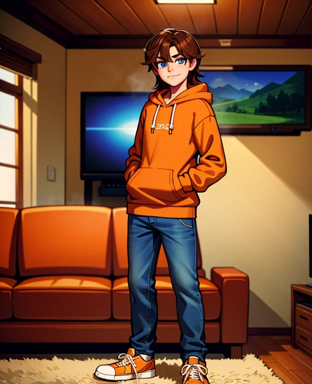 Masterpiece, high resolution, high quality, intricate details, full body portrait, front view, 1boy, solo, 14 years old boy, teenage male, long brown hair, bangs, blue eyes, looking at viewer, amused expression, arrogant smile, ((Wearing: Orange Hoodie, blue jeans, and sneakers)), standing, holding a Nintendo Switch with both hands, looking at viewer, (Background: Indoors, living room, couch, TV),
