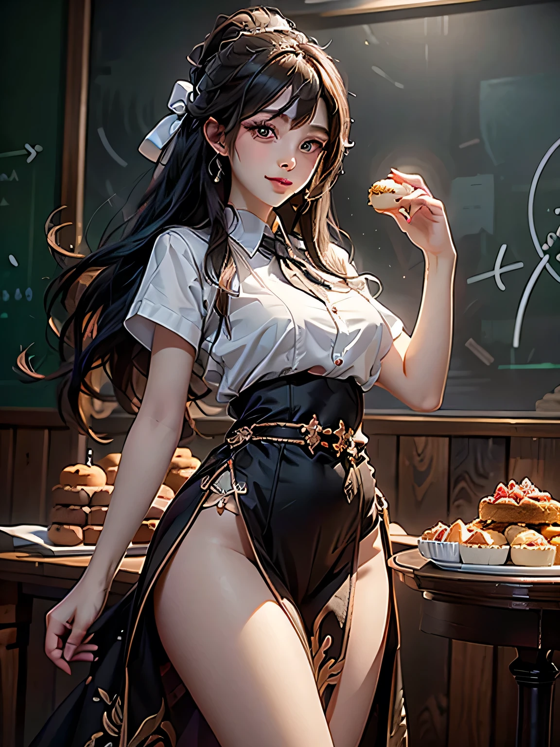 magic circle, 
Super detailed、(Raw photo)、masterpiece、8k、(Highest quality)、(High resolution:1.3)、Ultra-Details、Angle from below、Back view、(Perfect Anatomy:1.3)、One girl、Turn around to look at your audience、Beautiful Eyes、A confident smile、(Super hourglass body type:1.3)、(Super big breasts pointing upwards:1.3)、(Erect nipples)、(Large, raised pink :1.2)、Narrow waist、(Wide super big ass)、Black Hair、bangs、(high school girl eating donuts)、(White school shirt)、Super mini pleated skirt、Uniform bow tie、Socks、loafers、coffee、(Increased transparency)、(Super see-through)、Japanese school classroom、(Donut eating poses and gestures)、Open your legs and stick your buttocks out、holding a donut in hand、Correct fingers、(A magic circle with a large donut in the background)、The next donut appears from the magic circle in his hand.々Come out on