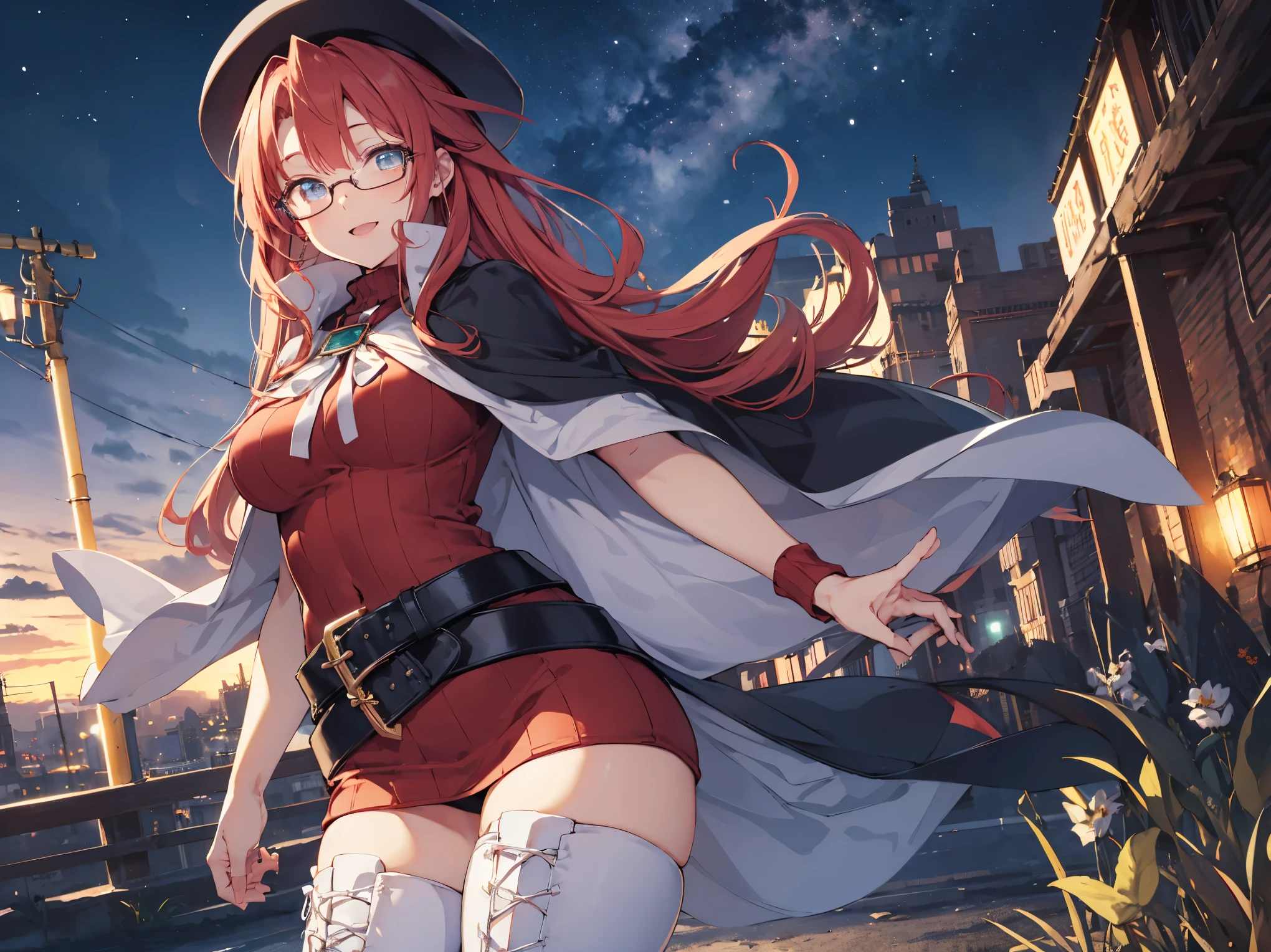 summonnightaty, aty, (young:1.3),long hair, blue eyes, red hair, big_tits, hat, glasses,
BREAK long hair, thighhighs, hat, dress, naked_legs, glasses, belt, cape, sweater, zettai ryouiki, beret, thigh boots, white footwear, ribbed sweater, loose belt,solo,
BREAK outdoors, fantasy,
,Highquality_hads,perfect_fingers,
BREAK (masterpiece:1.2), best quality, high resolution, unity 8k wallpaper, (illustration:0.8), (beautiful detailed eyes:1.6), extremely detailed face, perfect lighting, extremely detailed CG, (perfect hands, perfect anatomy),covered_nipples,covered_navel ,half_eyes,long_sword,sleepy_eyes,red_sweater,apart_knees,magical_effect,spread_legs, have_a_book,teacher,rise_knee,Smile,rise_hand,look_down_viewer,spread_arms,,looking_into,plump,open_mouth, dynamic_posing,solo,in_Emodern_town_landscape,night_sky,solo