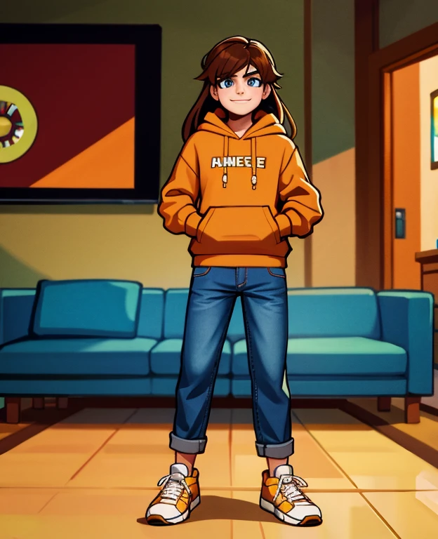 Masterpiece, high resolution, high quality, intricate details, full body portrait, front view, 1boy, solo, 14 years old boy, teenage male, long brown hair, bangs, blue eyes, looking at viewer, amused expression, arrogant smile, ((Wearing: Orange Hoodie, blue jeans, and sneakers)), standing, holding a Nintendo Switch with both hands, looking at viewer, (Background: Indoors, living room, couch, TV),
