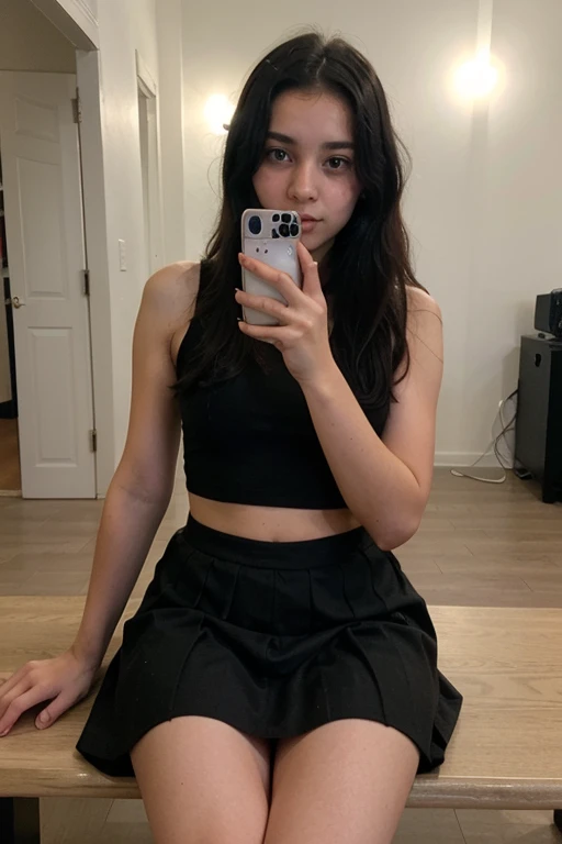 14 year old girl with straight black hair taking a selfie sitting in skirt 