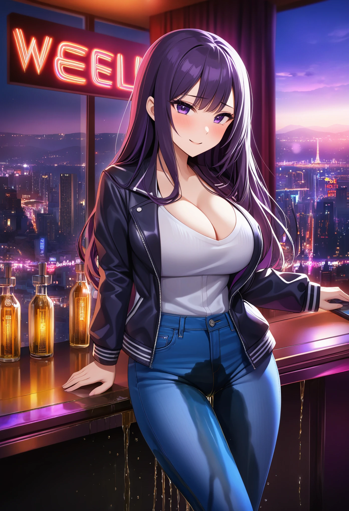 woman, very dark purple hair, purple eyes, long hair, large breasts, stylish jacket, tight jeans, standing, (wetting herself:1.5), best quality, ultra-detailed, HDR, studio lighting, professional, vivid colors, sharp focus, bokeh, landscape, love hotel, bar counter, night, window, cityscape, colorful city, neon lights, futuristic, science fiction, soft lighting, dynamic shadows, embarrassed, humiliation, blushing, naughty face, seductive expression, facing viewer