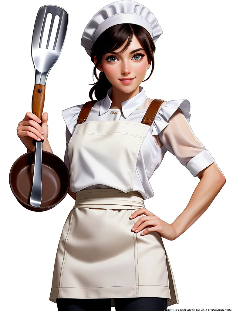 gorgeous eyes , (A female chef), best quality, Artwork, ultra-high resolution, extremely detailed eye and face, gorgeous eyes e delicados,,(White background:1.2), ((Artwork, best quality)),Short and medium black hair,Waist slender,Photos from the waist up,he used to smile,（brown apron,Brown chef hat,brown chef costume),holding kitchen utensils
