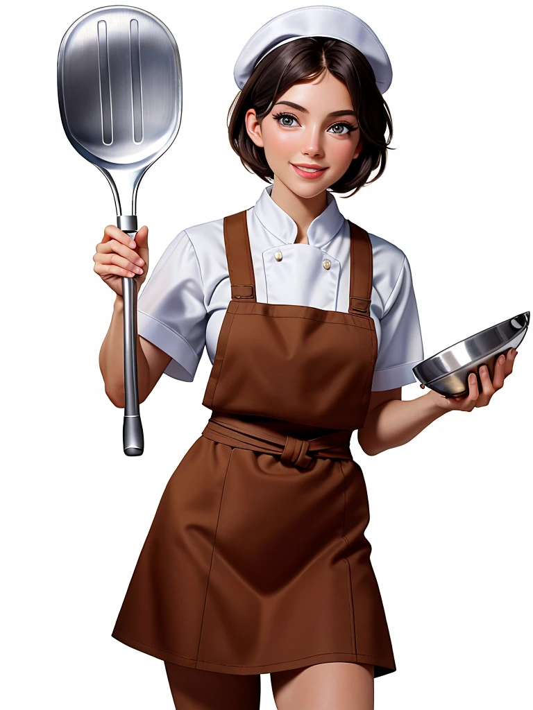 gorgeous eyes , (A female chef), best quality, Artwork, ultra-high resolution, extremely detailed eye and face, gorgeous eyes e delicados,,(White background:1.2), ((Artwork, best quality)),Short and medium black hair,Waist slender,Photos from the waist up,he used to smile,（brown apron,Brown chef hat,brown chef costume),holding kitchen utensils
