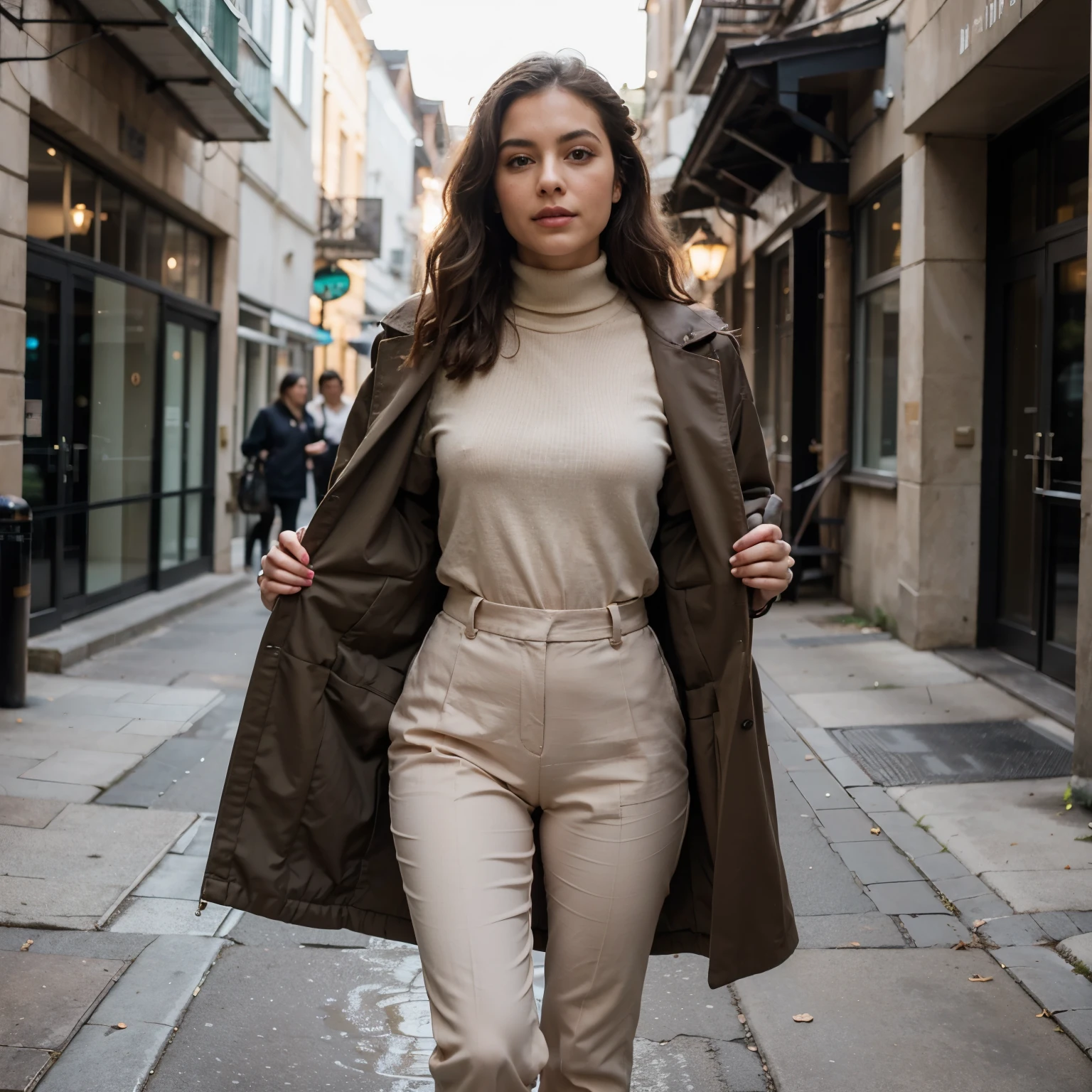 ((best quality)), ((masterpiece)), (detailed),  young  latina woman, dark, wavy hair,  round face and slender body, embarking on a sophisticated travel adventure. She is dressed in a stylish beige long coat that flows gracefully as she moves, exuding timeless elegance. Beneath the coat, she wears a sleek black turtleneck that perfectly complements her ensemble, offering both warmth and chic sophistication. Her tailored dark green pants are impeccably fitted, adding a touch of modernity and refinement to her look. Her outfit, a harmonious blend of neutral and deep tones, reflects her impeccable taste and discerning eye for fashion. As she navigates picturesque streets, she carries herself with confidence and grace. Her attire is not only a statement of style but also of practicality, ensuring she remains comfortable yet polished throughout her journey. Each step she takes is deliberate and assured, embodying the essence of a sophisticated traveler who embraces the world with an air of understated luxury.