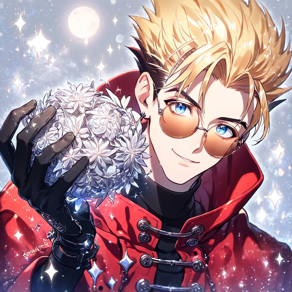 absurdres, highres, ultra detailed, HDR, master piece, best quality, extremely detailed, Vash The Stampede, blonde hair, expressive blue eyes, round amber sunglasses, Trigun, solo, sexy man, handsome, red coat, black turtleneck shirt, black gloves, fantasy, sparkling, silver glittering fireflies, silver moon, silver blossoms, silver chrysanthemums, silver sparkling lights, starry sky, magical