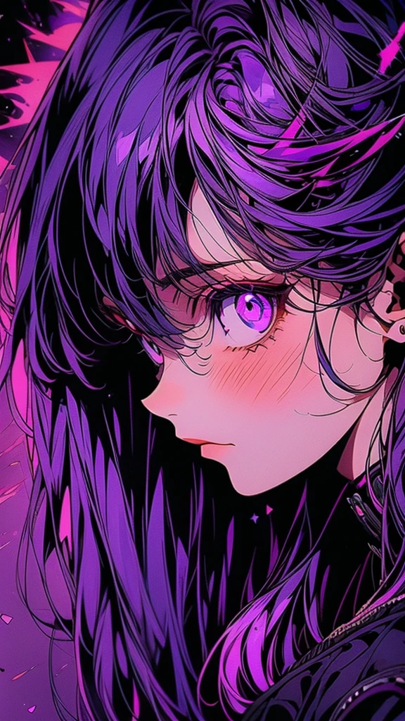Anime girl with purple hair and purple eyes peeking through a hole, Anime Moe Art Style, misato katsuragi, Profile photo 1024px, Hyuuga Hinata, shikishi, gapmoe Yandere, Another close-up of Iwakura, Yandere, Tear from Overlord, Burning, portrait gapmoe Yandere grimdark