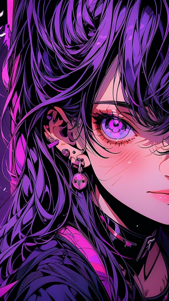 Anime girl with purple hair and purple eyes peeking through a hole, Anime Moe Art Style, misato katsuragi, Profile photo 1024px, Hyuuga Hinata, shikishi, gapmoe Yandere, Another close-up of Iwakura, Yandere, Tear from Overlord, Burning, portrait gapmoe Yandere grimdark