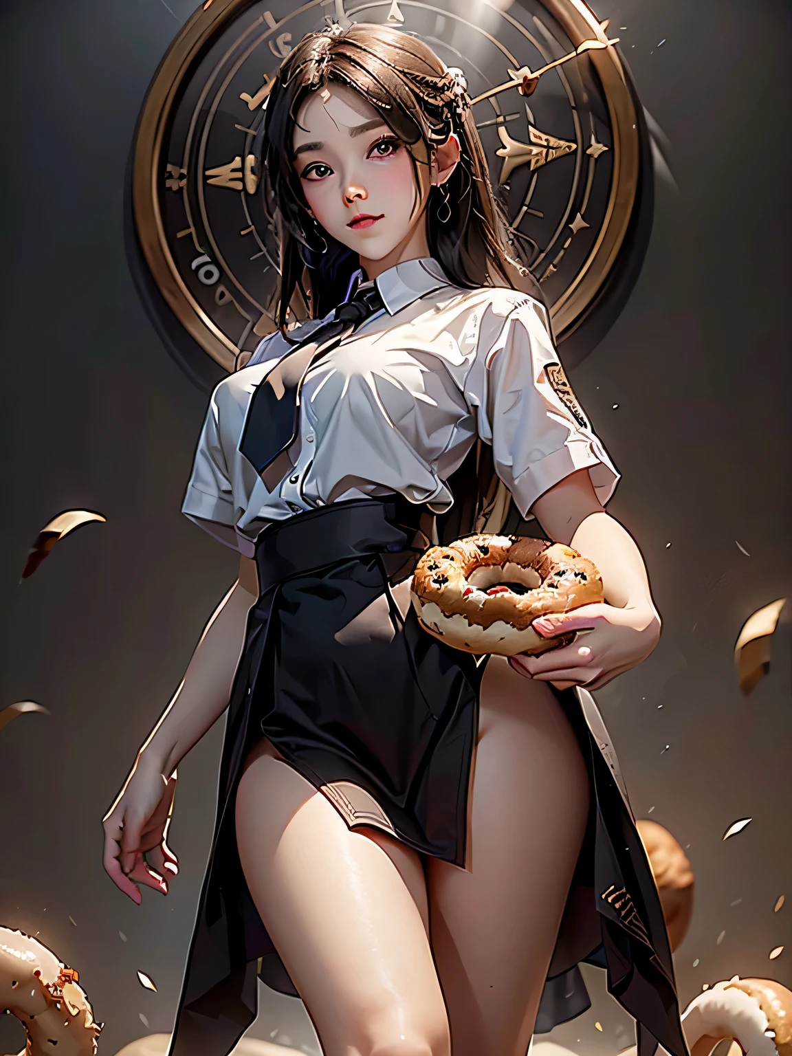 magic circle, 
Super detailed、(Raw photo)、masterpiece、8k、(Highest quality)、(High resolution:1.3)、Ultra-Details、Angle from below、Back view、(Perfect Anatomy:1.3)、One girl、Turn around to look at your audience、Beautiful Eyes、A confident smile、(Super hourglass body type:1.3)、(Super big breasts pointing upwards:1.3)、(Erect nipples)、(Large, raised pink :1.2)、Narrow waist、(Wide super big ass)、Black Hair、bangs、(high school girl eating donuts)、(White school shirt)、Super mini pleated skirt、Uniform bow tie、Socks、loafers、coffee、(Increased transparency)、(Super see-through)、Japanese school classroom、(Donut eating poses and gestures)、Open your legs and stick your buttocks out、holding a donut in hand、Correct fingers、(A magic circle with a large donut in the background)、The next donut appears from the magic circle in his hand.々Come out on
