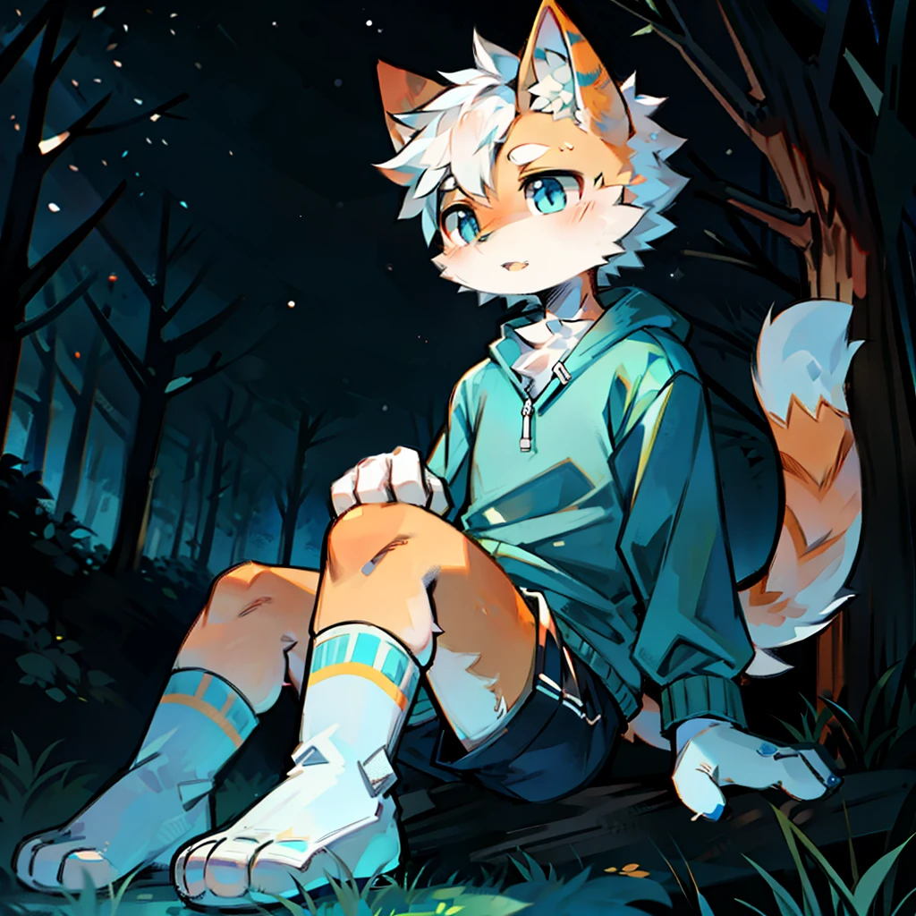 furry， cat boy，（White hair），（Orange skin），blue eyes，Sitting in the forest at night，（（Wear short white socks）），Light blue pajamas and shorts，The only person，high quality