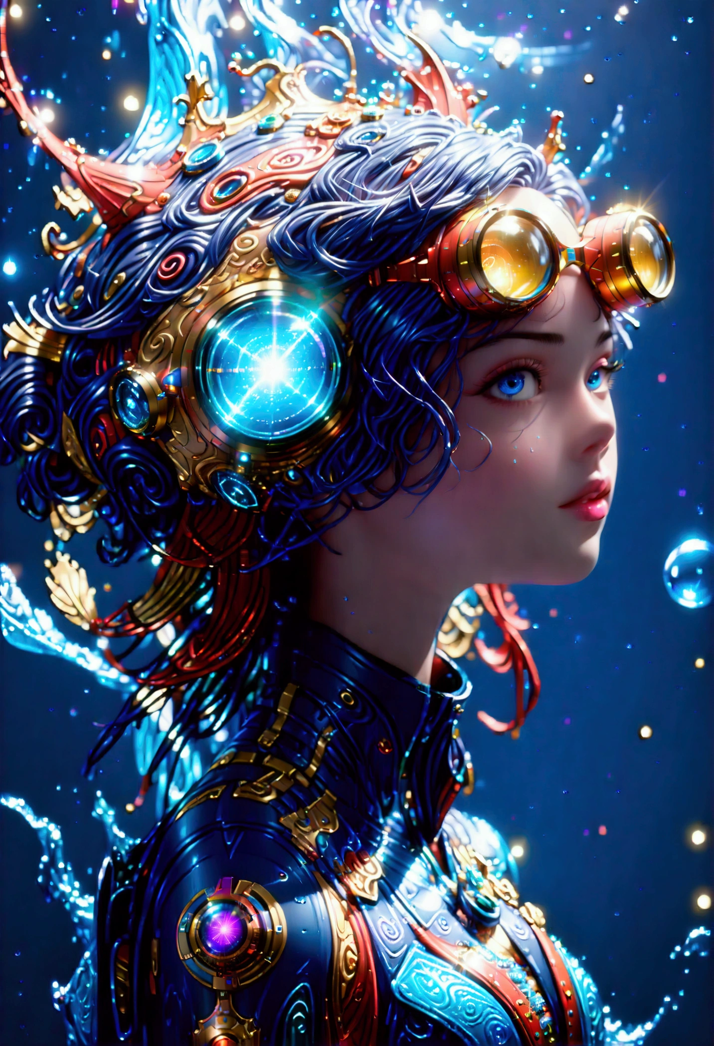 (best quality, Ridiculous, high resolution, extremist detailed, Dynamic angle:1.2), 1girl, mage, Hydromancer, (rich and colorful:1.3), Gorgeous diving jumpsuit, Lama diving helmet, glowing cybernetics, Robe woven with celestial patterns, (cast a spell, occult knowledge, Empower allies, Elemental Water Magic:1.5), Elegant and glowing runes, (underwater:1.2), marine plants, bioluminescence, futuristic, science fiction, (intricate details, hyperdetailed:1.15), (extremisthigh resolution textures), (Volumetric, Dark blue) light, (Full body shot:2.0), (Wide-angle lens:2.0), Bokeh, cinematic, Caustics, depth of field, masterpiece, 8k, award winning, anatomically correct, textured skin, high details
