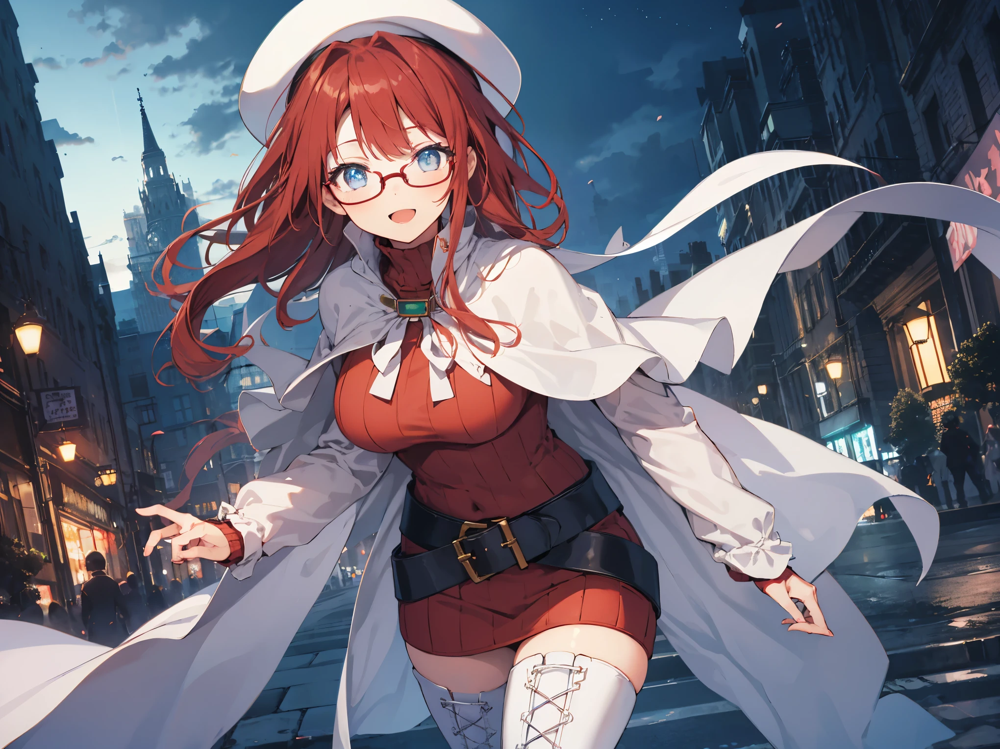 summonnightaty, aty, (young:1.3),long hair, blue eyes, red hair, big_tits, hat, glasses,
BREAK long hair, thighhighs, hat, dress, naked_legs, glasses, belt, cape, sweater, zettai ryouiki, beret, thigh boots, white footwear, ribbed sweater, loose belt,solo,
BREAK outdoors, fantasy,
,Highquality_hads,perfect_fingers,
BREAK (masterpiece:1.2), best quality, high resolution, unity 8k wallpaper, (illustration:0.8), (beautiful detailed eyes:1.6), extremely detailed face, perfect lighting, extremely detailed CG, (perfect hands, perfect anatomy),covered_nipples,covered_navel ,half_eyes,long_sword,sleepy_eyes,red_sweater,apart_knees,magical_effect,spread_legs, have_a_book,teacher,rise_knee,Smile,rise_hand,look_down_viewer,spread_arms,,looking_into,plump,open_mouth, dynamic_posing,solo,in_Emodern_town_landscape,night_sky,solo