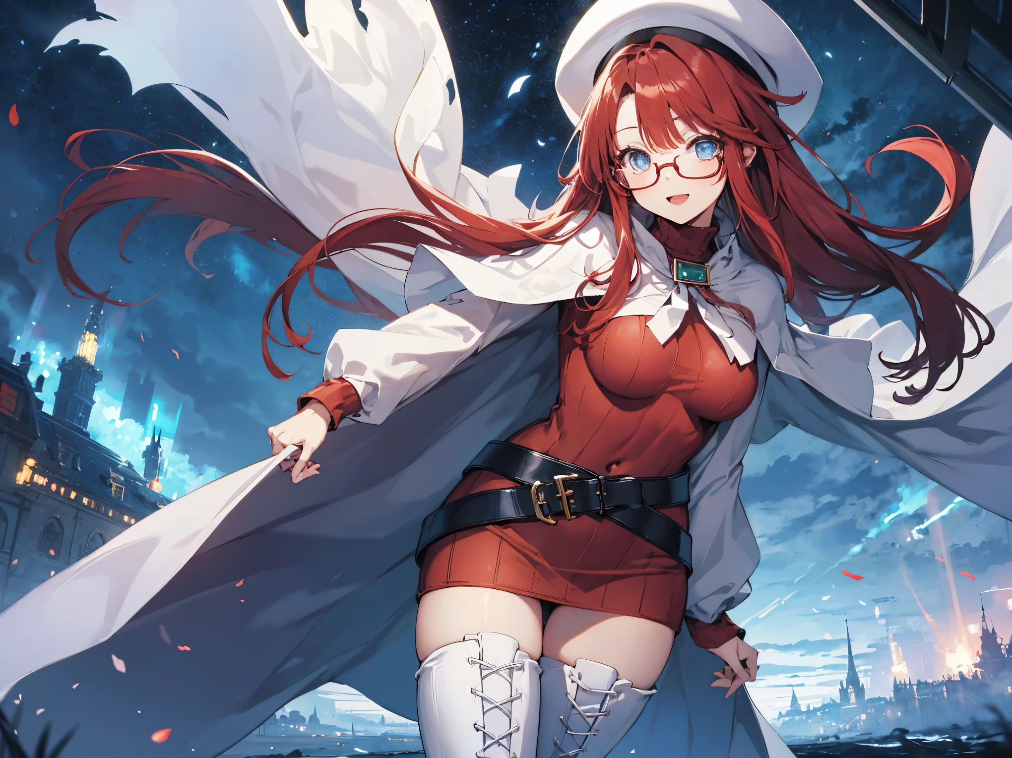 summonnightaty, aty, (young:1.3),long hair, blue eyes, red hair, big_tits, hat, glasses,
BREAK long hair, thighhighs, hat, dress, naked_legs, glasses, belt, cape, sweater, zettai ryouiki, beret, thigh boots, white footwear, ribbed sweater, loose belt,solo,
BREAK outdoors, fantasy,
,Highquality_hads,perfect_fingers,
BREAK (masterpiece:1.2), best quality, high resolution, unity 8k wallpaper, (illustration:0.8), (beautiful detailed eyes:1.6), extremely detailed face, perfect lighting, extremely detailed CG, (perfect hands, perfect anatomy),covered_nipples,covered_navel ,half_eyes,long_sword,sleepy_eyes,red_sweater,apart_knees,magical_effect,spread_legs, have_a_book,teacher,rise_knee,Smile,rise_hand,look_down_viewer,spread_arms,,looking_into,plump,open_mouth, dynamic_posing,solo,in_Emodern_town_landscape,night_sky,solo