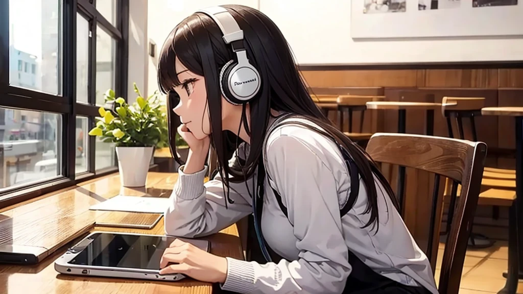 A girl studying with headphones in a cafe、Side angle image、dim