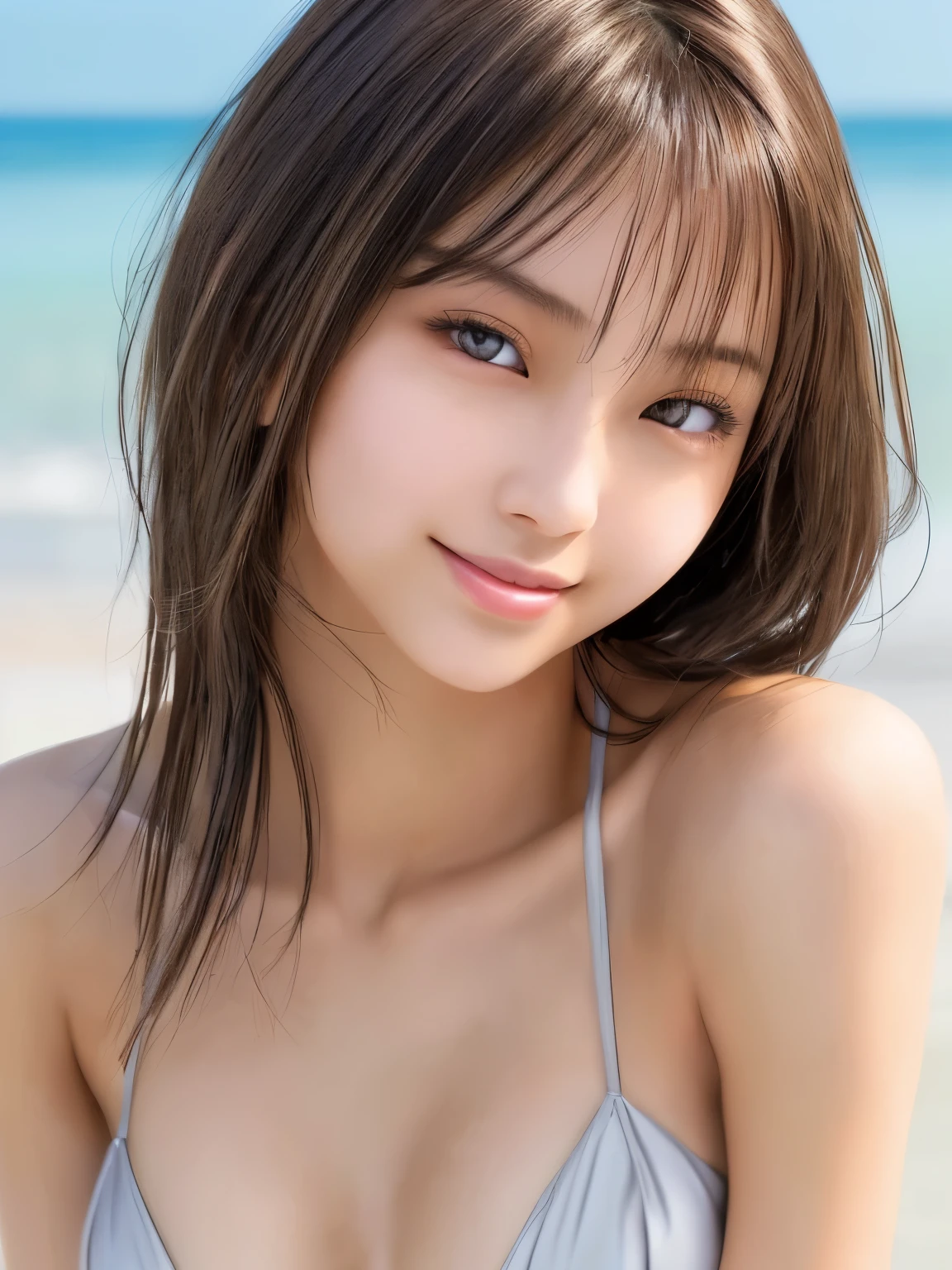 Beautiful young Japanese woman,, Light, shiny, brown, silky, shoulder-length hair, Wearing a silver bikini, Perfect dynamic composition, Beautiful Eyes,Beautiful Face,Fine hair, Detailed and realistic skin texture, A gentle smile, Model body type、Slim and toned waist、whole body
