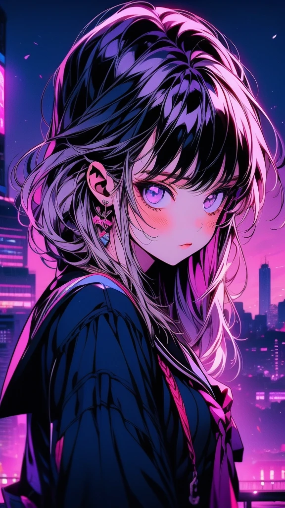 棚に座って窓の外の街を眺めるAnime Girls, Nightcore, Anime Aesthetics, Anime Girlsがしゃがんでいる, Beautiful anime school girl, Anime Girls, Background city, with a Background city, Cute girl anime visuals, Background city, リアルな若いAnime Girls, beautiful girl, Anime Best Girl