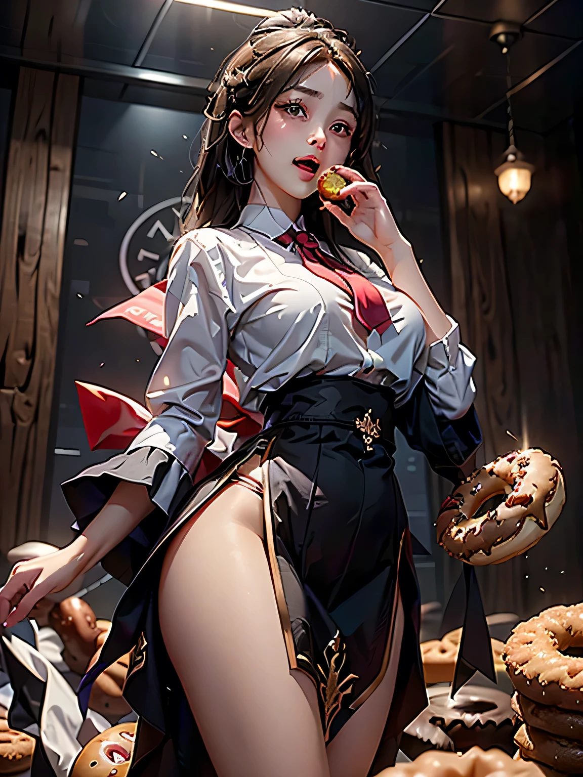 (magic circle), Back view、Super detailed、(Raw photo)、masterpiece、8k、(Highest quality)、(High resolution:1.3)、Ultra-Details、Angle from below、(Perfect Anatomy:1.3)、One girl、Turn around to look at the viewer、(Beautiful Eyes)、A confident smile、(Super hourglass body type:1.3)、(Super big breasts pointing upwards:1.3)、(Erect nipples)、(Large, raised pink areola:1.2)、Narrow waist、(Wide super big ass)、Black Hair、bangs、((high school girl eating donuts))、(White school shirt)、(Super mini pleated skirt)、Uniform bow tie、Socks、coffee、(Increased transparency)、(Super see-through)、Japanese school classroom、(Acrobatic donut eating poses and gestures)、Open your legs and stick your buttocks out、(holding a donut in hand)、Correct fingers、(A magic circle with a large donut in the background)、The next donut appears from the magic circle in his hand.々Come out on、(Open mouth and eating a donut in hand)